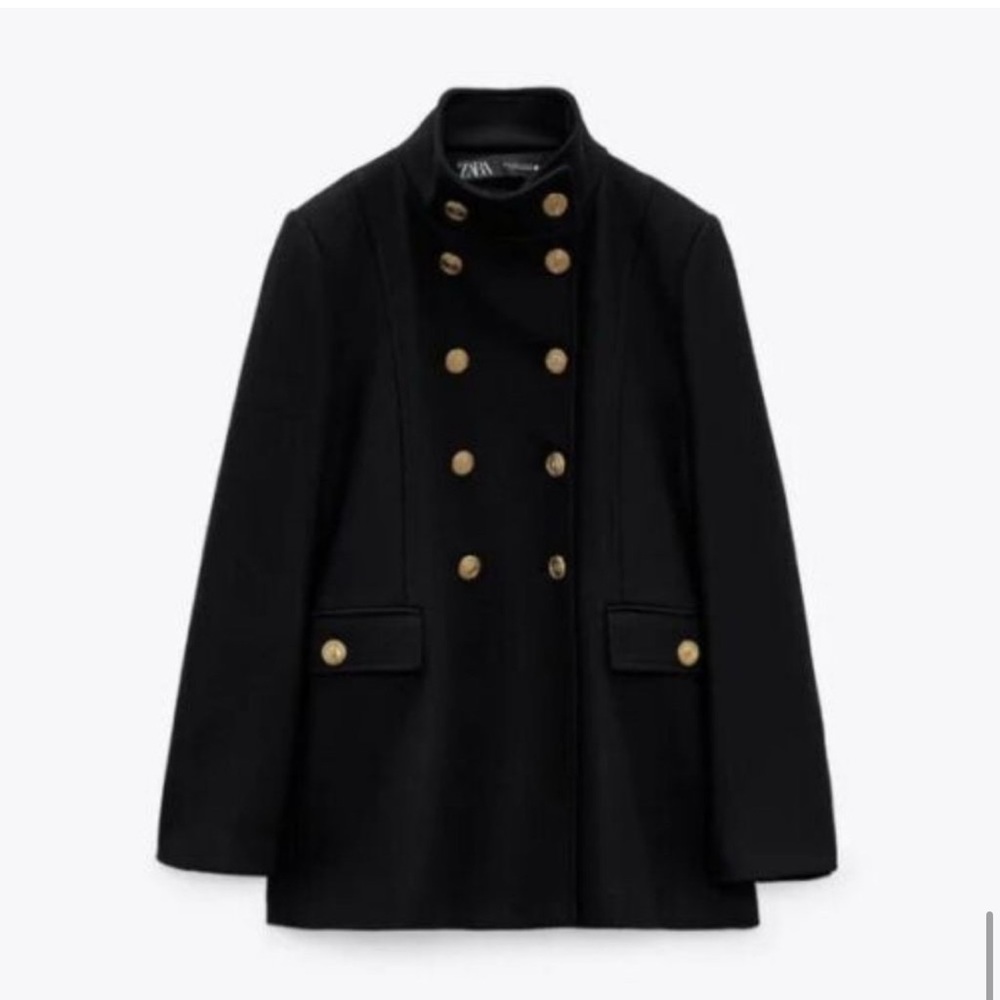 Zara Women's Black Pea Coat with Gold Buttons